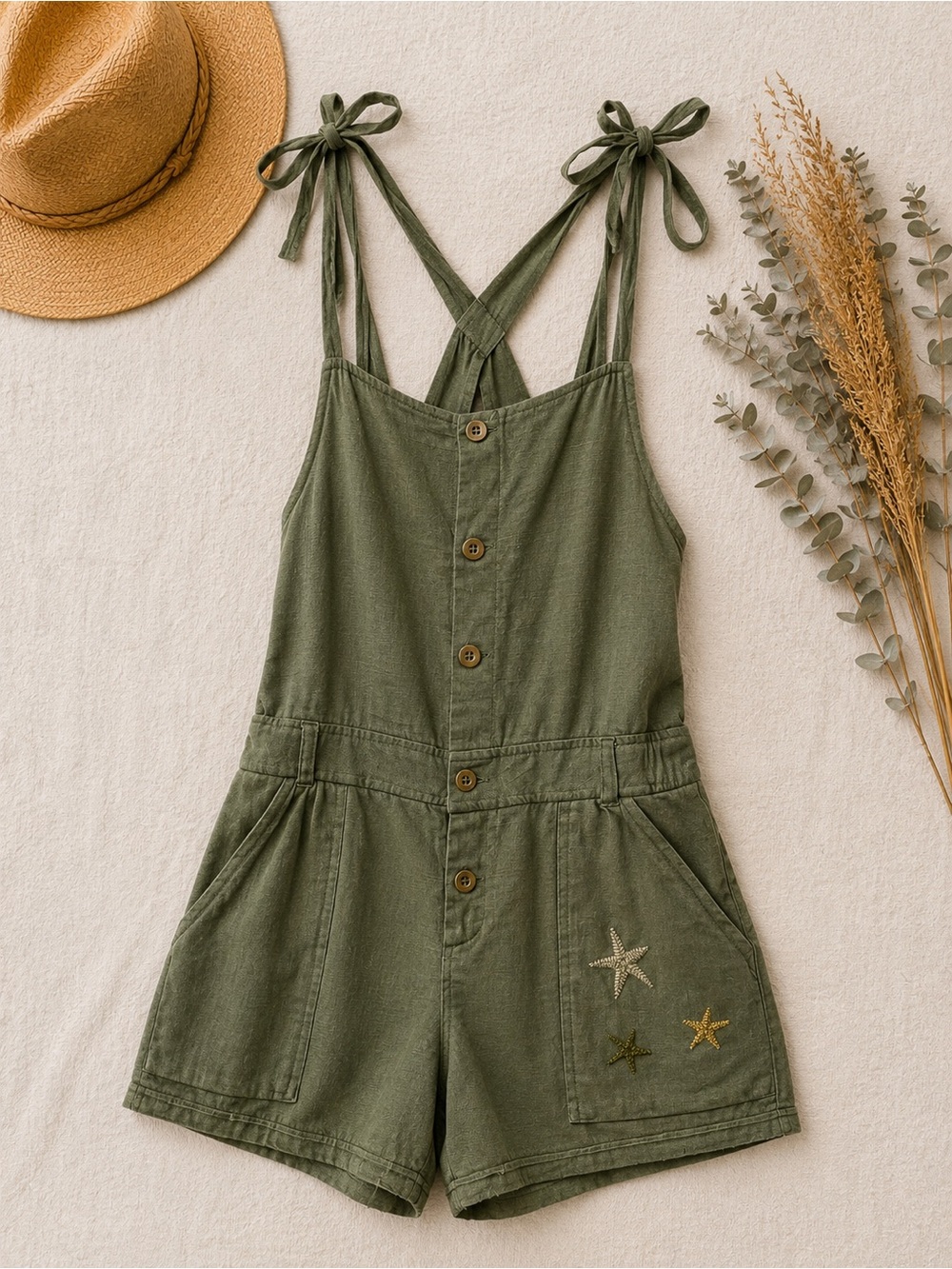 Olive Green Tie-Shoulder Romper with Star Embroidery